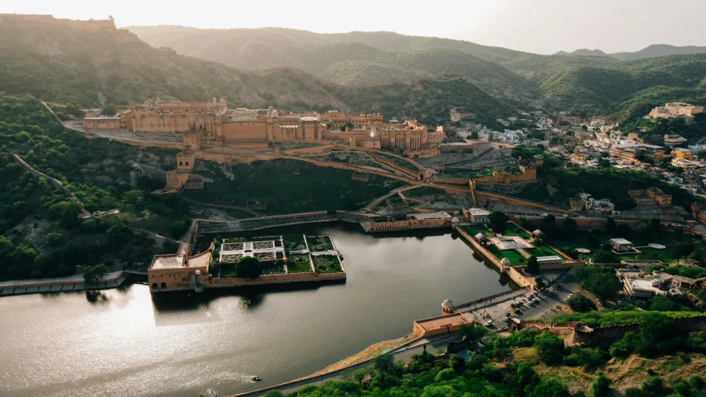 Amber Fort Jaipur aerial view showcasing Rajput architecture and hilltop fort complex