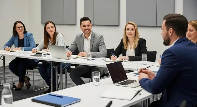 Travel consultant advising corporate client on international itinerary