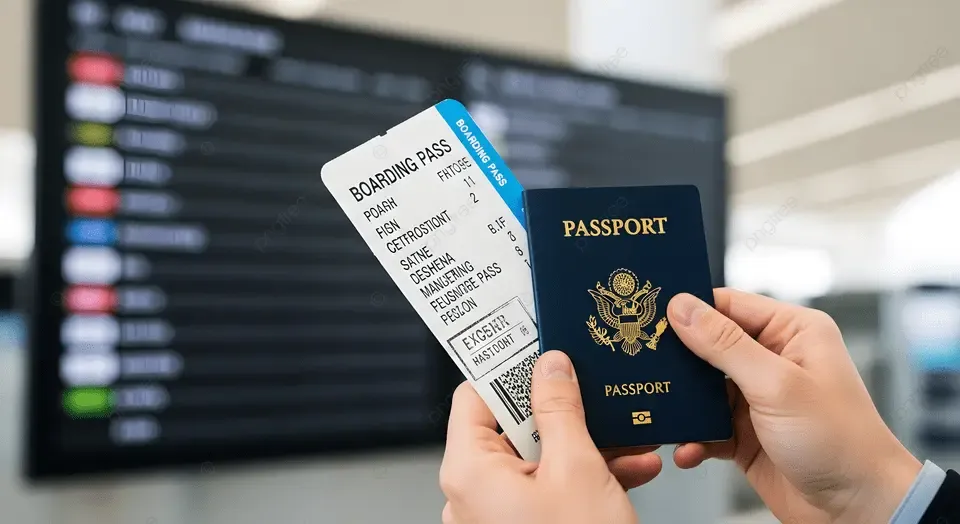 Indian passport with airport departure board showing international flights