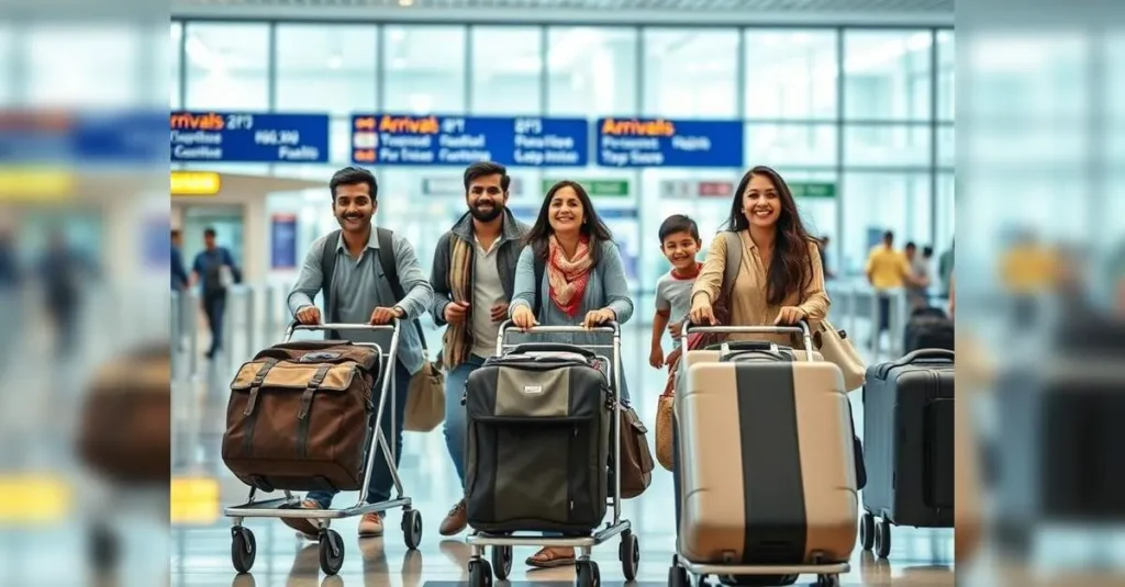 Indian traveler holding passport and boarding pass at Delhi airport departure terminal