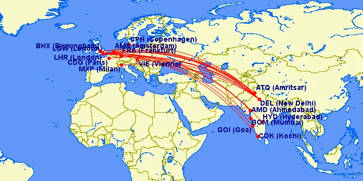 flight routes connecting India with major European hubs including Frankfurt Munich and Zurich