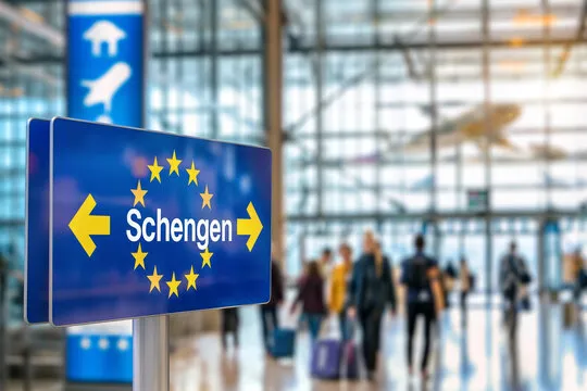 Schengen visa documents and European airport terminal for international travel