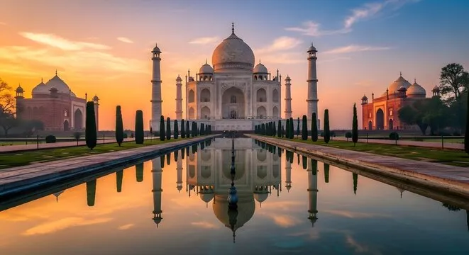 Taj Mahal at sunrise in Agra with golden light reflecting on white marble mausoleum