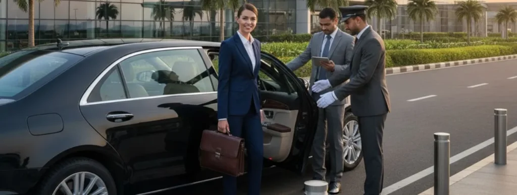 Corporate airport pickup in Delhi NCR with professional chauffeur welcoming business delegate for MICE event