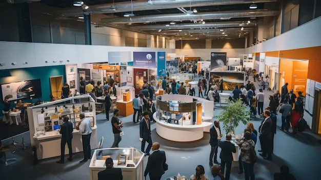 Professional corporate exhibition booth setup at business expo in Delhi NCR with attendee engagement