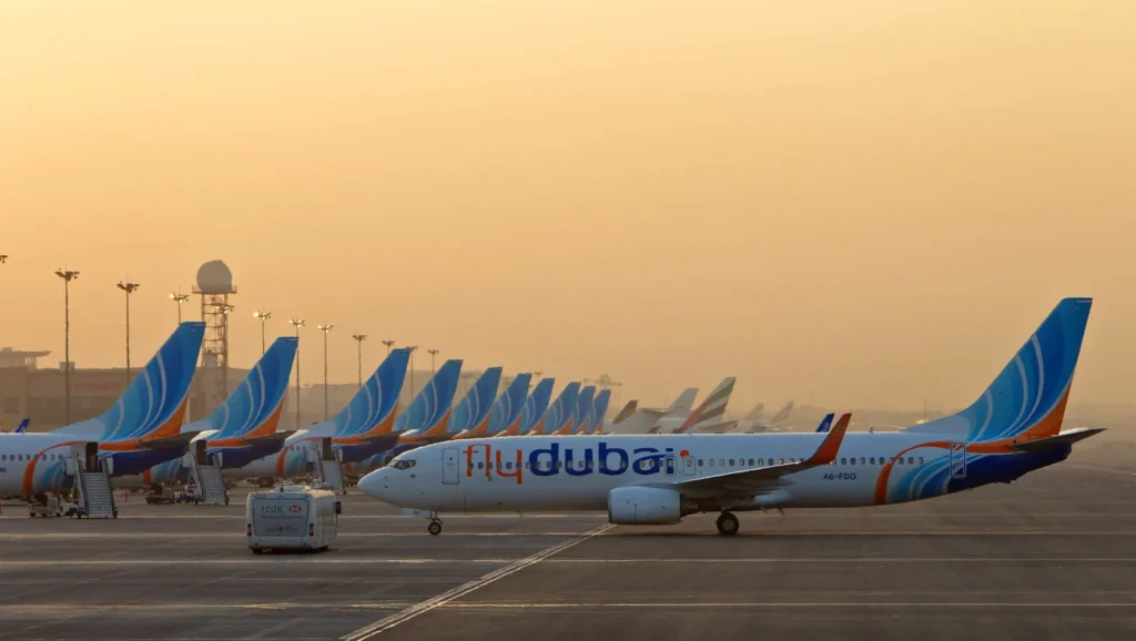 flydubai aircraft at Dubai airport highlighting aviation training partnership