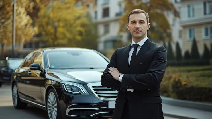 Professional chauffeur assisting corporate client