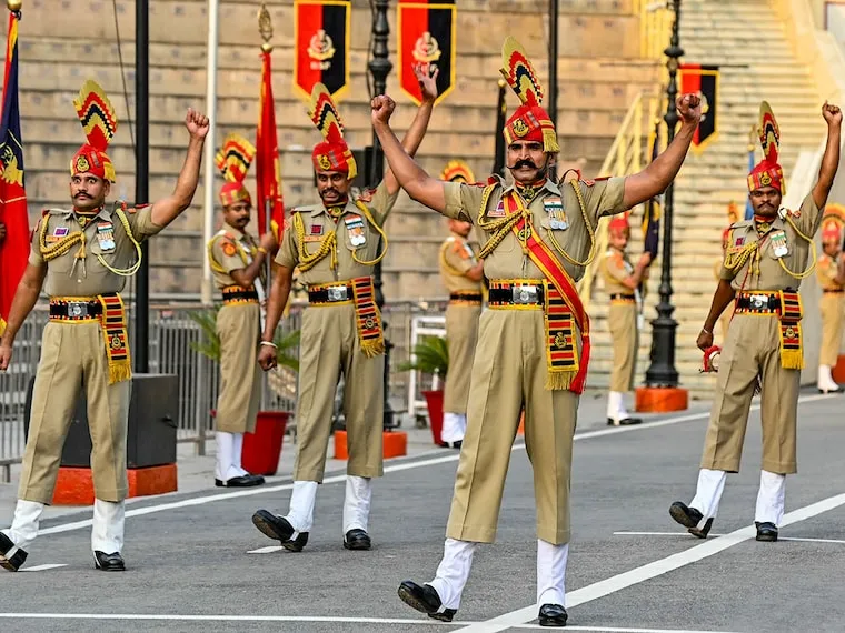 Wagah Border ceremony near Amritsar with BSF soldiers during the evening retreat