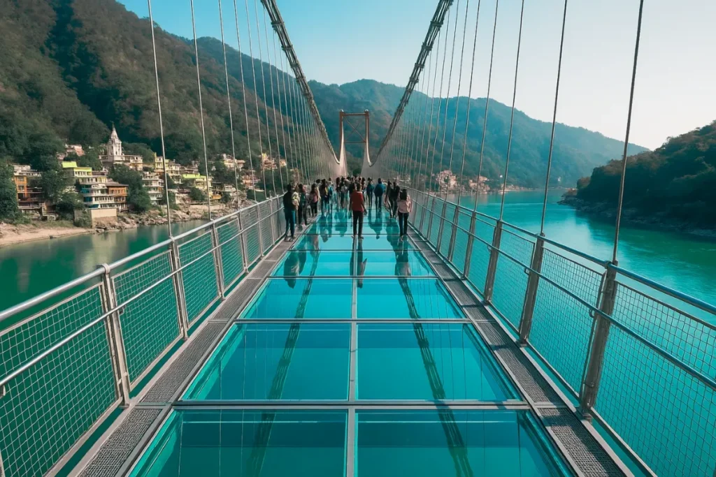 View from Bajrang Setu glass floor showing Ganga river below in Rishikesh