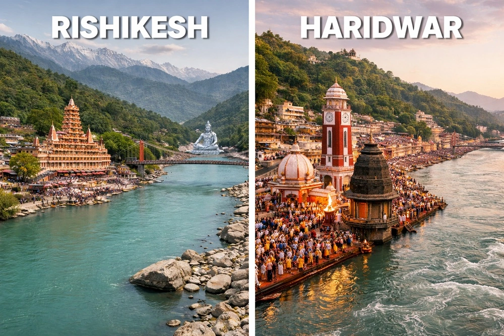 Visual contrast of Haridwar Ganga Aarti and Rishikesh river rafting experiences