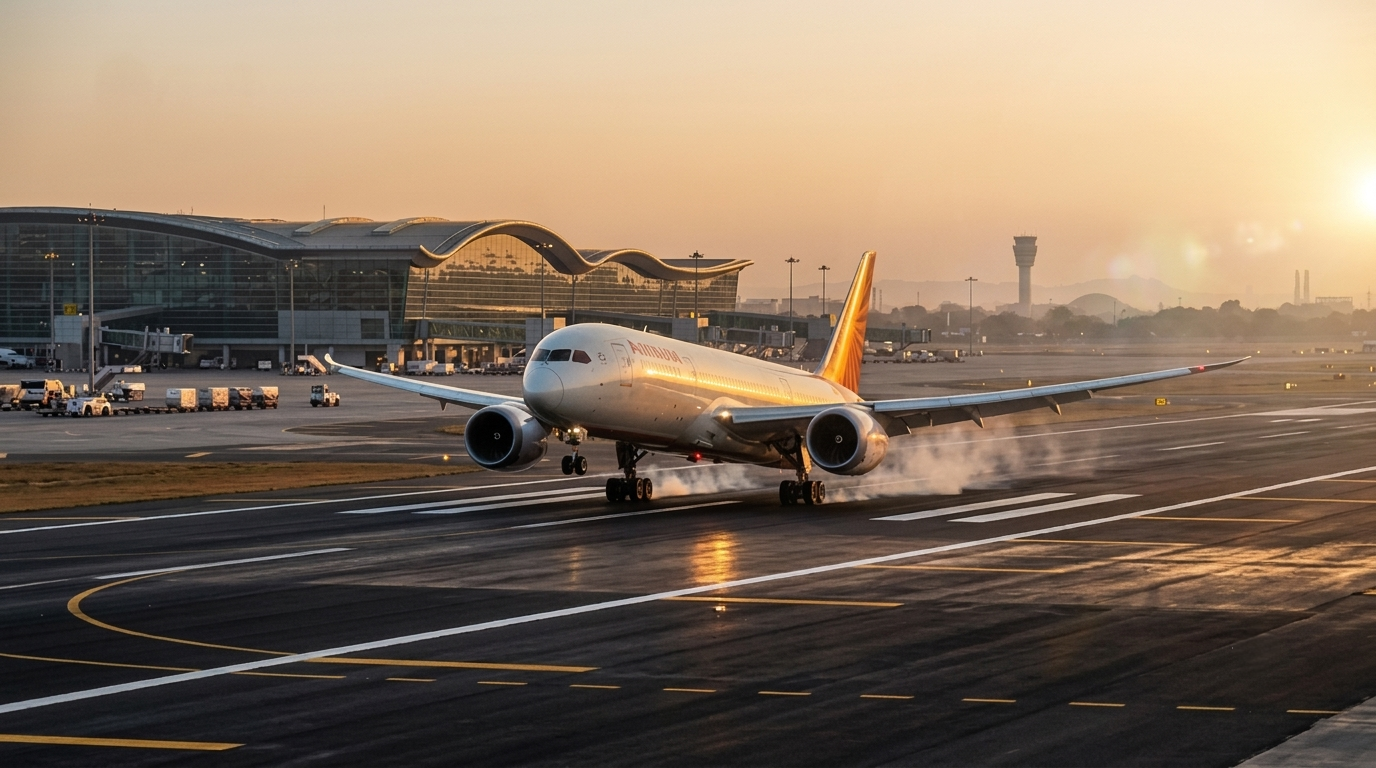 Modern commercial passenger airplane landing smoothly on the runway at Indira Gandhi International Airport Terminal 3 in Delhi during golden hour sunset.